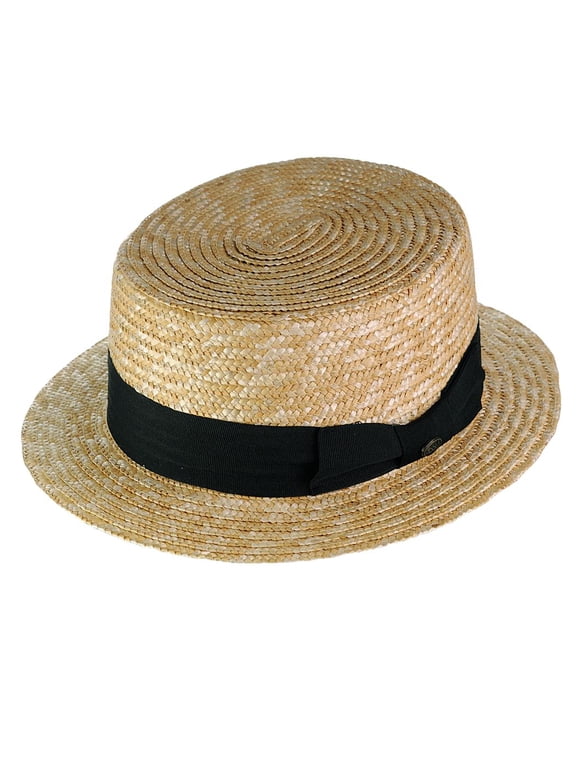 Unisex Grosgrain Ribbon Straw Skimmer Boater Hat, Black Band