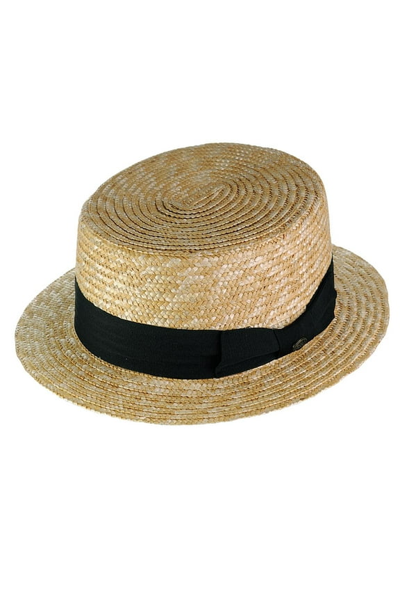 Unisex Grosgrain Ribbon Straw Skimmer Boater Hat, Black Band