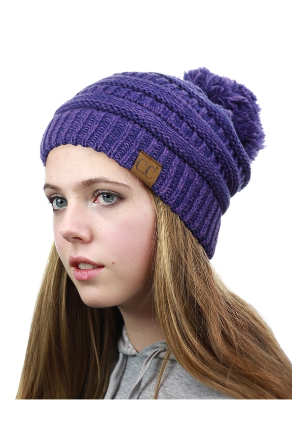 Unisex Multicolor Warm Cable Knit Slouch Pom Pom Beanie Cap - Purple/Navy