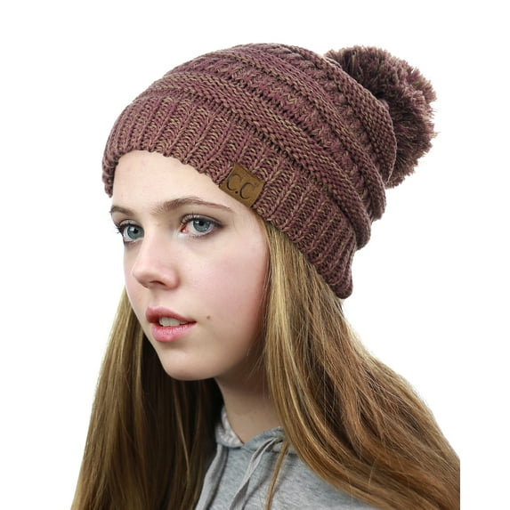 NYFASHION101 Unisex Multicolor Warm Cable Knit Slouch Pom Pom Beanie Cap - Raspberry/Beige