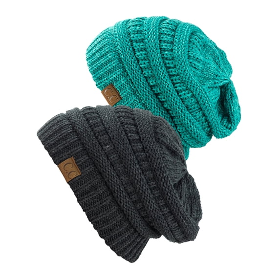 NYFASHION101 Unisex Two Tone Warm Cable Knit Thick Beanie Cap, 2 Pack - Black/Charcoal Gray & 2 Tone Mint