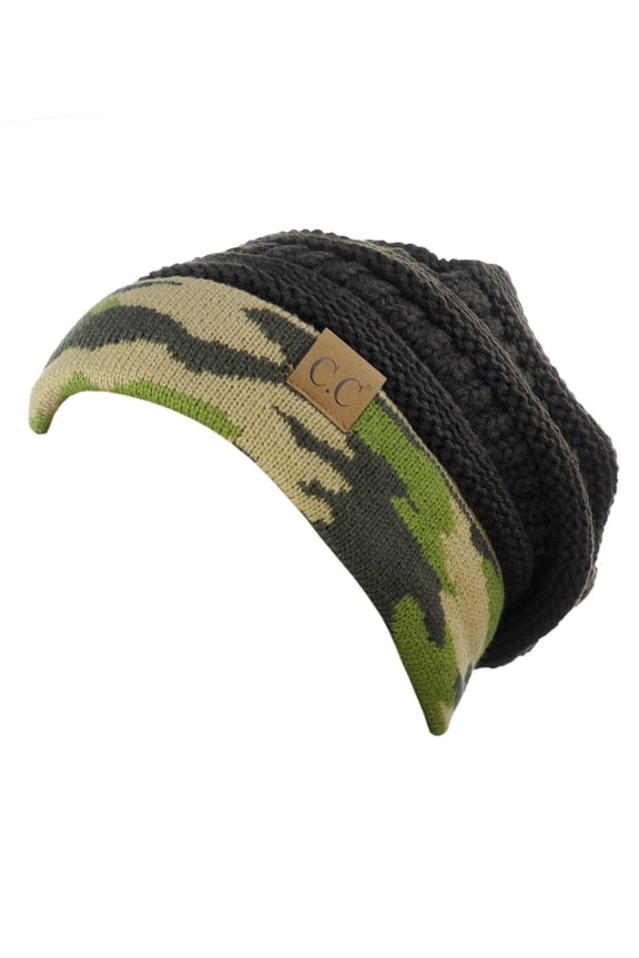Warm Soft Stretch Cable Knit Camo Cuff Slouchy Beanie - Brown