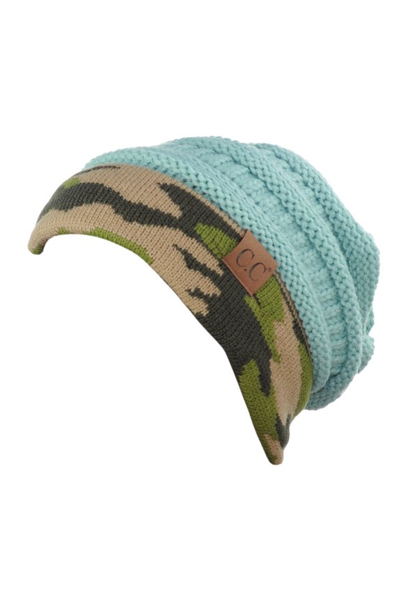 Warm Soft Stretch Cable Knit Camo Cuff Slouchy Beanie - Mint