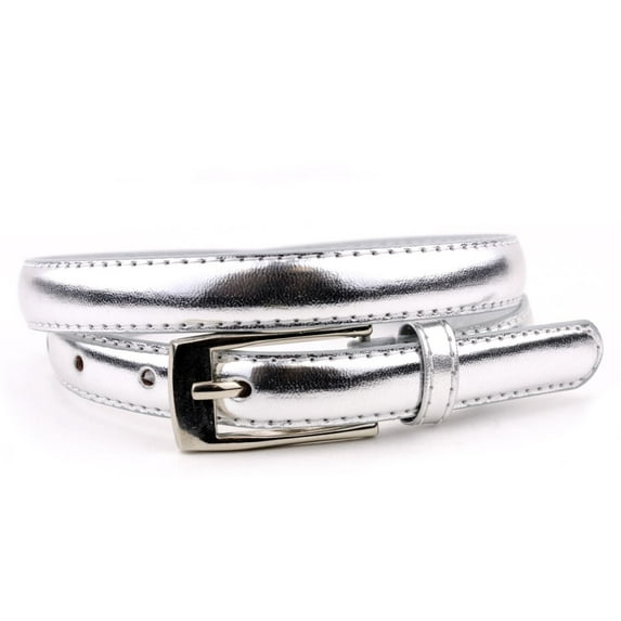 NYFASHION101 Women's Classy Skinny Bonded Leather Casual Belt with Shiny Buckle (L (37"-41"), Silver)