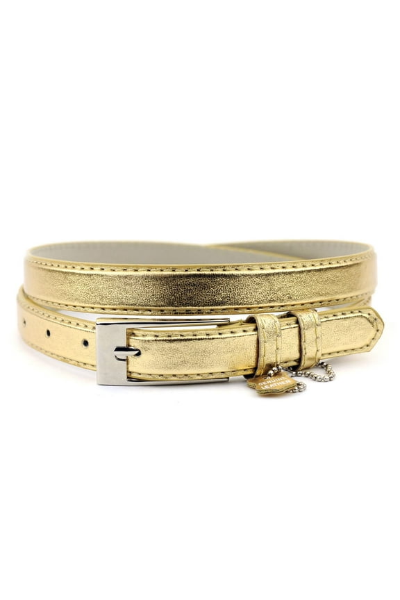 Women's Classy Skinny Bonded Leather Casual Belt with Shiny Buckle (XL (42"-46"), Gold)