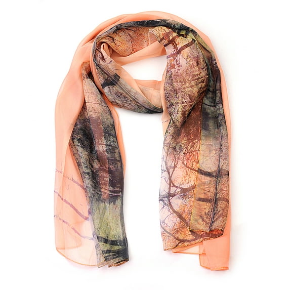 NYFASHION101 Women's Forest and Pond See Through Print Elegant Scarf Shawl Wrap, Orange