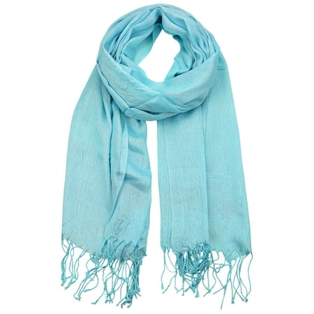 NYFASHION101 Women's Sheer Metallic Braided Tassel Ends Scarf Shawl Wrap, Aqua