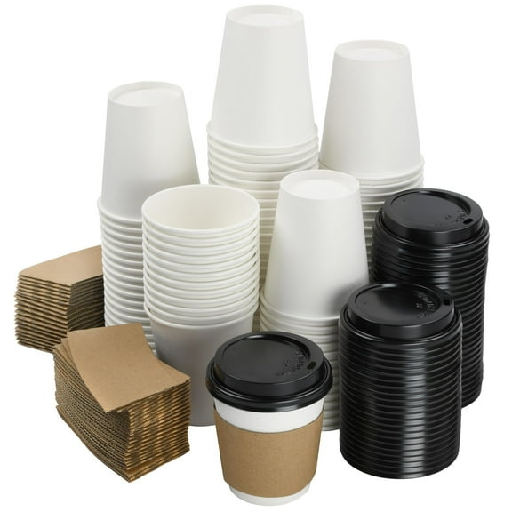 NYHI 100 Pack 10 oz White Paper Disposable Coffee Cups with Black Lids and Sleeves Hot Cold Beverage Drinking Cup for Water Juice Espresso Tea Ideal for Water Coolers Party