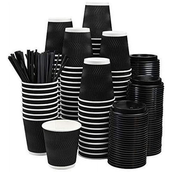 NYHI Set of 100 Black Disposable Paper Cups with Black Lids and Straws 12-oz  Ripple Insulated Kraft for Hot Drinks - Tea & Coffee  Triple Layer Design  Eco- Friendly, Recyclable, Durable Paper