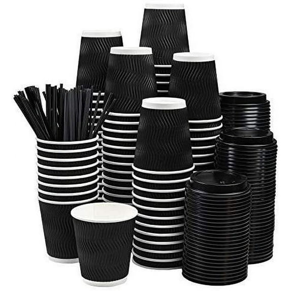 NYHI Set of 100 Black Disposable Paper Cups with Black Lids and Straws 8-oz Ripple Insulated Kraft for Hot Drinks - Tea & Coffee Triple Layer Design Eco- Friendly, Recyclable, Durable Paper