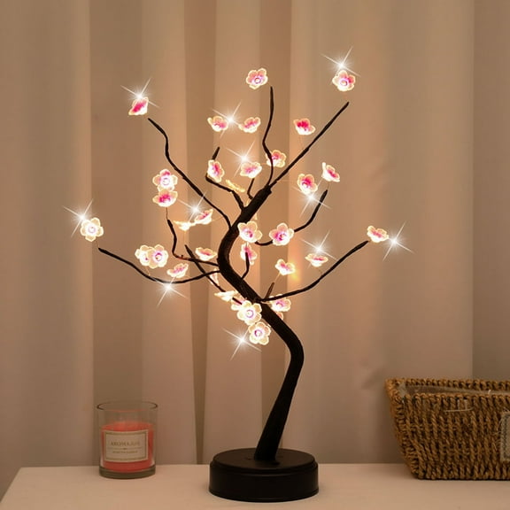 Keyohome 36 Led Cherry Tree Bonsai Lamp,Cherry Blossom Tree Light,Tabletop DIY Artificial Tree Lamp for Bedroom Christmas Indoor Room Decor,USB/Battery Powered