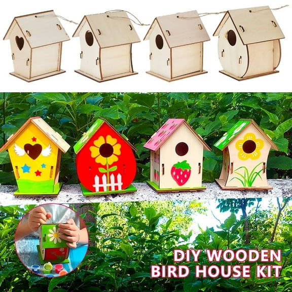 Keyohome 4 Sets Paint Your Own Wooden Bird House Kit Small Garden Nesting Childrens Craft DIY Birdhouse Making Kit, Includes Paints, Brushes, Glue