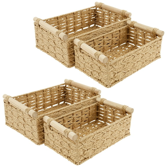 Keyohome Storage Basket for Organizing,Wicker Baskets for Shelves,Storage Bins for CountertopToilet Storage Basket for Toilet Tank Top,with Wooden Handlesr,Set of 4,Beige