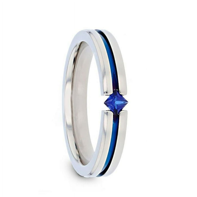 Thorsten NYMERIA Tension Set Blue Sapphire Titanium Band with Blue Stripe - 4mm Thorsten NYMERIA Tension Set Blue Sapphire Titanium Band with Blue Stripe - 4mm