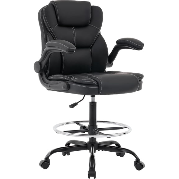 NYOAK Drafting Chair for Standing Desk, 500lbs Heavy Duty Tall Office Chair with Flip-Up Arms, Ergonomic Leather Desk Chair with Adjustable Foot Ring & Height for Counter Height Desk