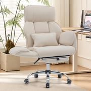 NYOAK Reclining Office Chair with Footrest, Wide Seat Criss Cross Corduroy Desk Chair with 180 Degree Flat Armrests and Lumbar Pillow, Beige, 330 lb