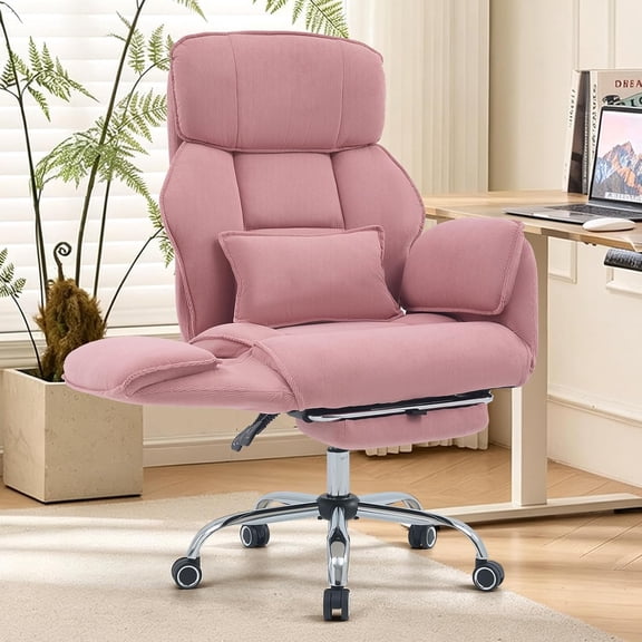 NYOAK Reclining Office Chair with Footrest, Wide Seat Criss Cross Corduroy Desk Chair with 180 Degree Flat Armrests and Lumbar Pillow, Pink, 330 lb