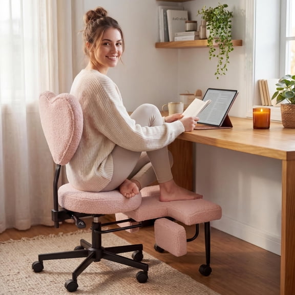 NYPOT Criss Cross Chair with Rotating FootRest for Kneeling Seating, Flexible Desk Chair with Wheels for ADHD to Sit Cross Legged - Multi-Position Adjustable Seat with Back Support 360° Swivel Pink