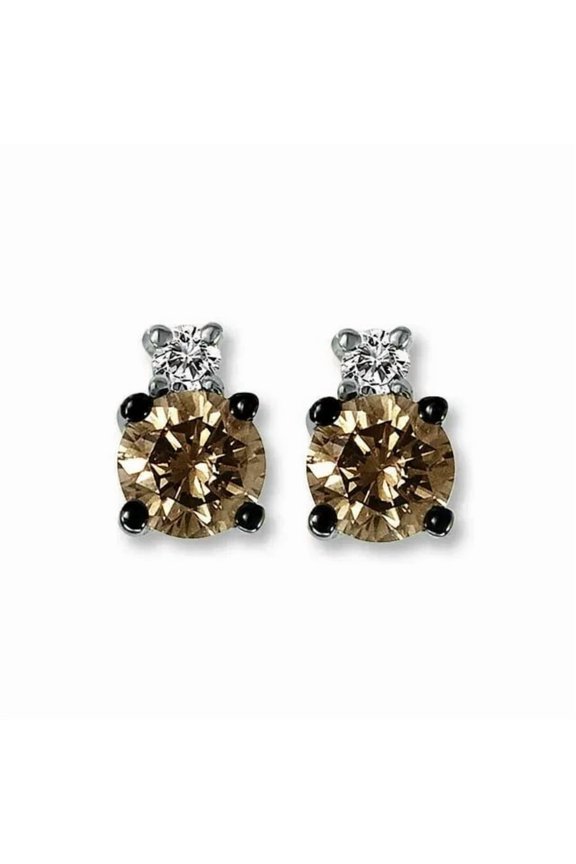 1.42 Ct Round Cut Brown Diamond Halo Push Back Stud Earring's 14K White Gold Plated 925 Sterling Silver For Women's