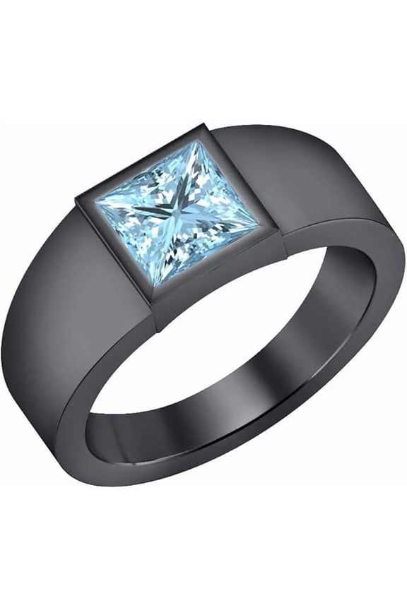 1.45 Ct Princess Cut Aquamarine Mens Enagagement Rings 14K Black Gold Plated 925 Sterling Silver -4
