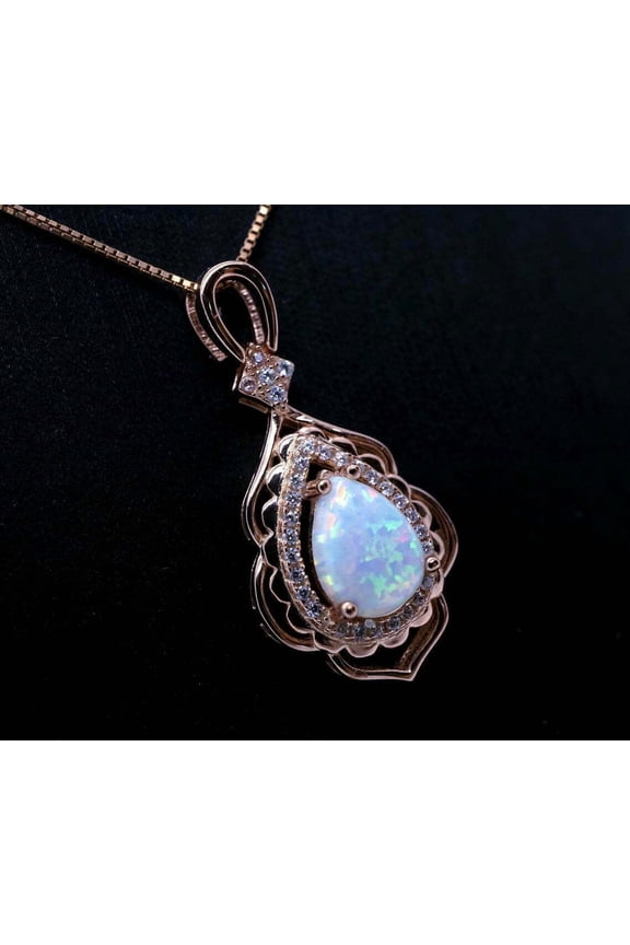 2.20 Ct Pear Cut Fire Opal Womens Halo Pendant With Free Chain 14K Rose Gold Plated 925 Sterling Silver