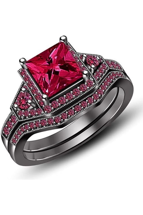 2.80 Ct Princess Cut Red Ruby Wedding Engagement Thanksgiving Christmas Bridal Ring Set 14K Black Gold Plated 925 Sterling Silver For Women's -8.5