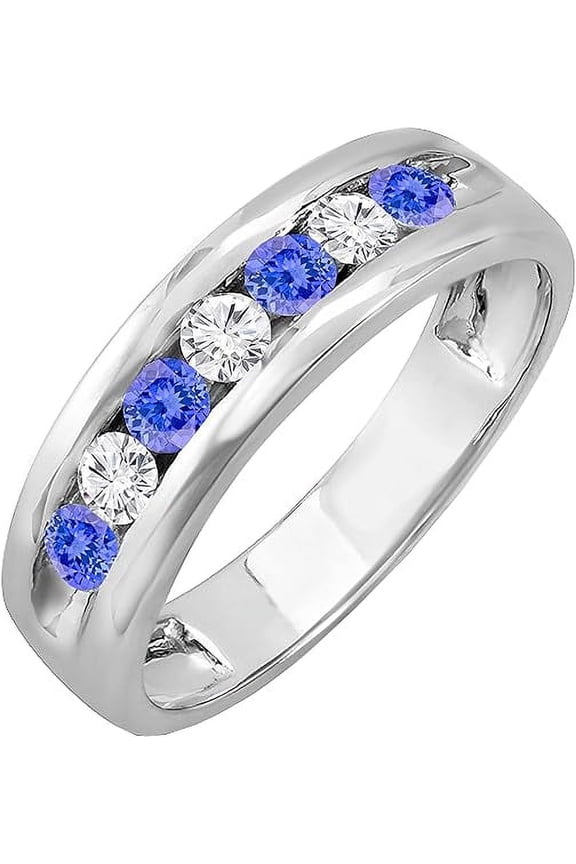 925 Sterling Silver 1.22 Ct Round Cut Blue Tanzanite & Diamond Wedding Engagement Half Band Ring 14K White Gold Finish For Men's -9