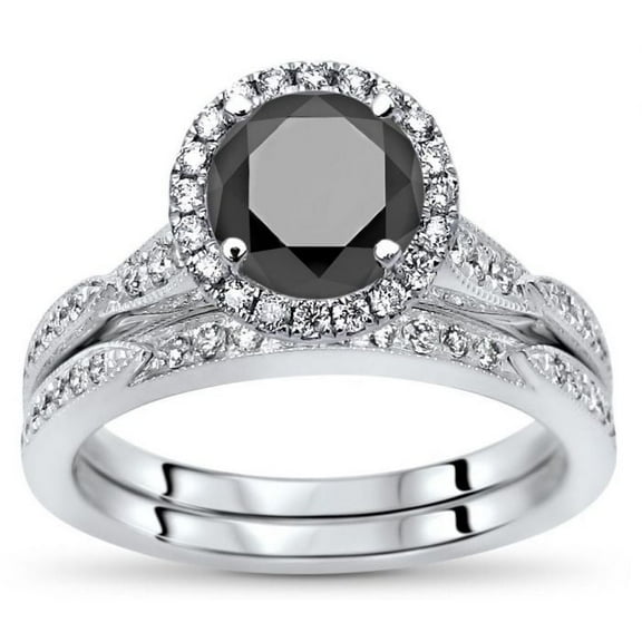 NYS Jewellers Women's 925 Sterling Silver 2.36 Ct Round Cut Black Diamond Engagement Wedding Thanksgiving Christmas Bridal Ring Set 14K White Gold Plated -6.5