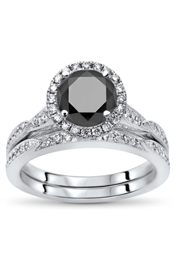 Women's 925 Sterling Silver 2.36 Ct Round Cut Black Diamond Engagement Wedding Thanksgiving Christmas Bridal Ring Set 14K White Gold Plated -6.5