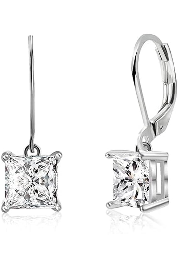 1.35 Ct Princess Cut White Diamond Lever Back Drop Earring's For Women's 14K White Gold Plated 925 Sterling Silver