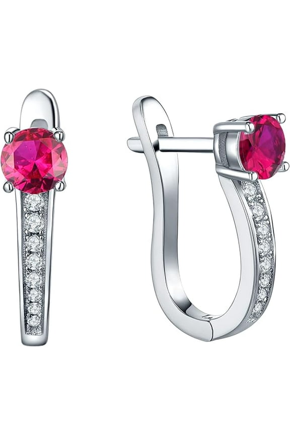 1.44 Ct Round Cut Ruby & Diamond Hoop Earrings For Women's 14K White Gold Plated 925 Sterling Silver