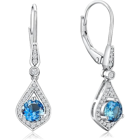 NYS Jewellrs 14K White Gold Plated 1.50 Ct Round Cut Blue Topaz Lever Back Drop Earring's 925 Sterling Silver For Women's