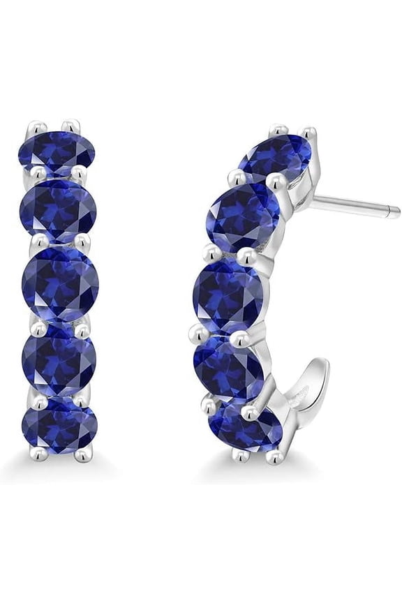 14K White Gold Plated 1.80 Ct Round Cut Blue Sapphire Push Back Hoop Earring's 925 Sterling Silver For Women's