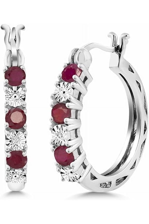 14K White Gold Plated 2.20 Ct Round Cut Ruby & Diamond Clip On Hoop Earring's 925 Sterling Silver For Women's