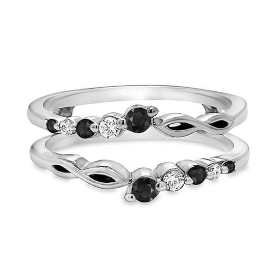 NYS Jewellrs 14K White Gold Plated 2.25 Ct Round Cut Black & White Diamond Christmas Wedding Engagement Thanksgiving Enhancer Guard Wrap Ring 925 Sterling Silver For Women's -9