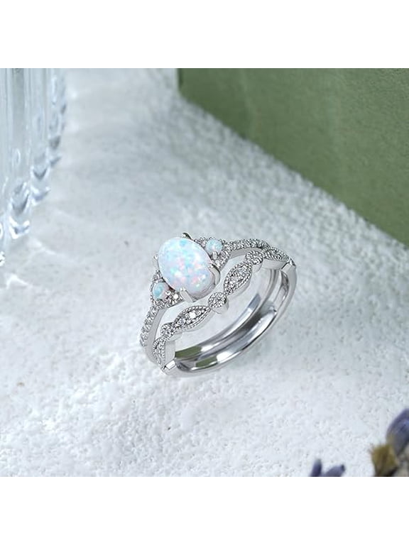 2.20 Ct Oval Cut Fire Opal Womens Engagement Bridal Ring Set 14K White Gold Plated 925 Sterling Silver -4