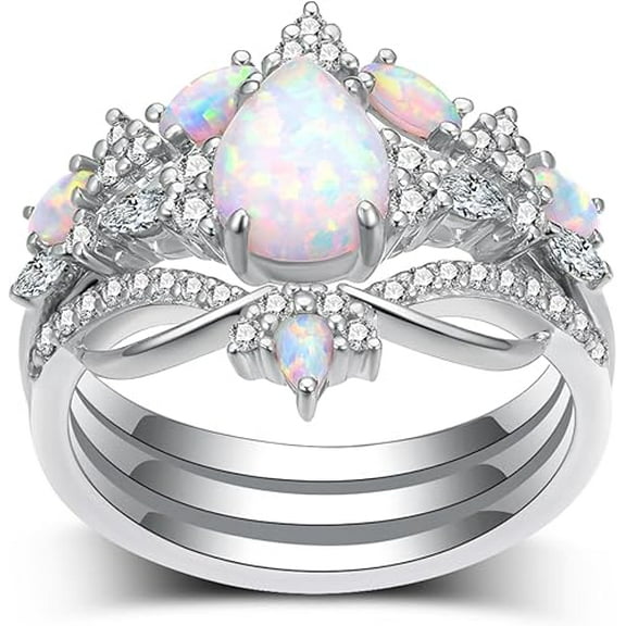 NYS Jewellrs 2.20 Ct Pear Cut Fire Opal Womens Engagement Bridal Ring Set 14K White Gold Plated 925 Sterling Silver -5