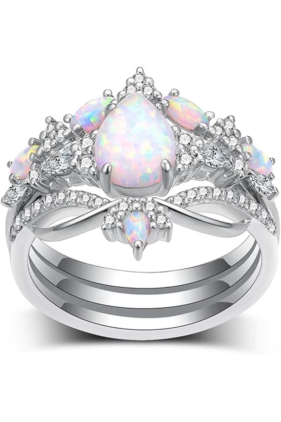 2.20 Ct Pear Cut Fire Opal Womens Engagement Bridal Ring Set 14K White Gold Plated 925 Sterling Silver -6.5