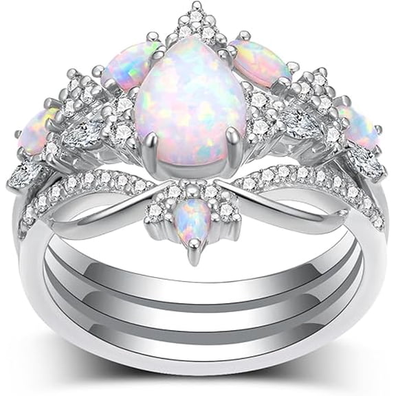 NYS Jewellrs 2.20 Ct Pear Cut Fire Opal Womens Engagement Bridal Ring Set 14K White Gold Plated 925 Sterling Silver -8