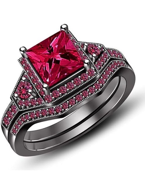 2.80 Ct Princess Cut Red Ruby Wedding Engagement Thanksgiving Christmas Bridal Ring Set 14K Black Gold Plated 925 Sterling Silver For Women's -7