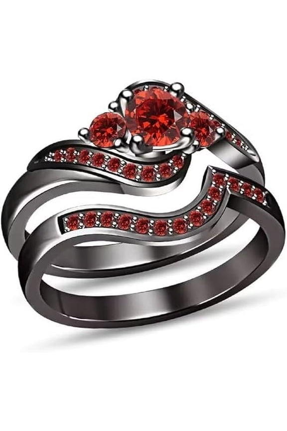 2.80 Ct Round Cut Red Ruby Wedding Engagement Thanksgiving Christmas Bridal Ring Set 14K Black Gold Plated 925 Sterling Silver For Women's -8