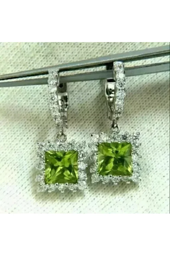 4CT Princess Peridot Diamond Women's Cluster Drop Earrings 14K White Gold Over