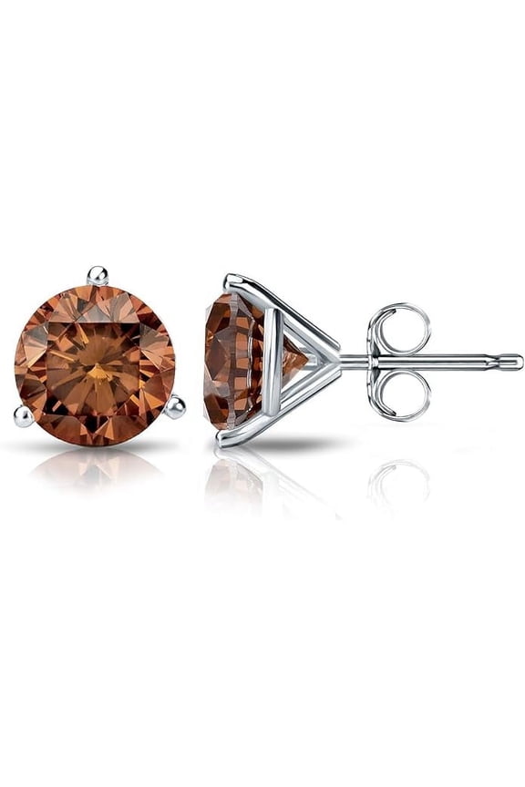 925 Sterling Silver 1.10 Ct Round Cut Brown Diamond Push Back Stud Earring's 14K White Gold Plated For Women's
