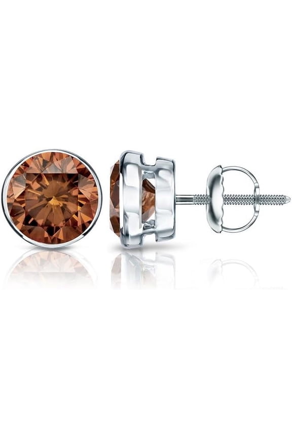 925 Sterling Silver 1.20 Ct Round Cut Brown Diamond Screw Back Stud Earring's 14K White Gold Plated For Women's