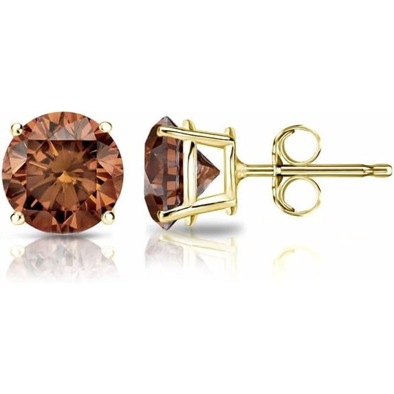 NYS Jewellrs 925 Sterling Silver 1.60 Ct Round Cut Brown Diamond 4 Prong Push Back Stud Earring's 14K Yellow Gold Plated For Women's