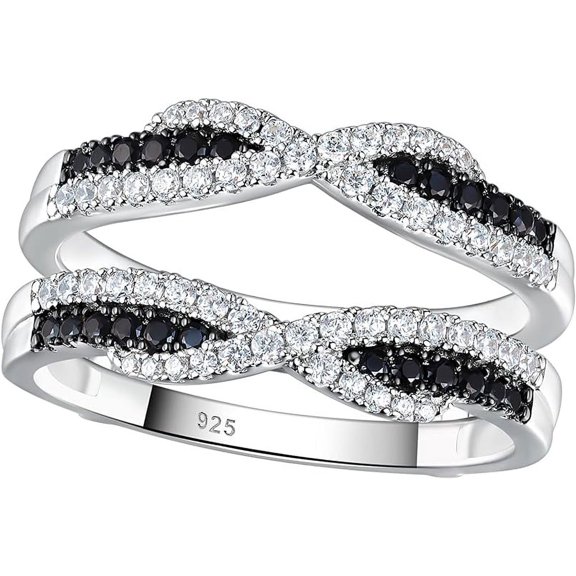 NYS Jewellrs 925 Sterling Silver 2.00 Ct Round Cut Black Diamond Engagement Christmas Thanksgiving Enhancer Wrap Guard Ring 14K White Gold Plated For Women's -7.5