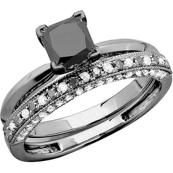 NYS Jewellrs 925 Sterling Silver 2.40 Ct Princess Cut Black Diamond Christmas Wedding Engagement Thanksgiving Bridal Ring Set For Women's 14K Black Gold Plated -7.5