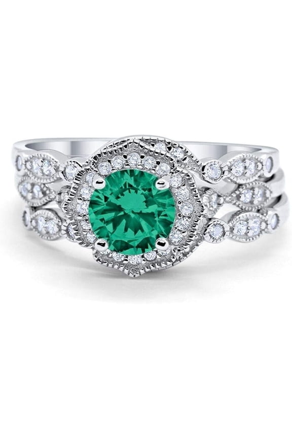 925 Sterling Silver 2.45 Ct Round Cut Green Emerald Wedding Engagement Thanksgiving Christmas Bridal Ring Set 14K White Gold Plated For Women's -5