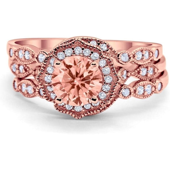 NYS Jewellrs 925 Sterling Silver 2.45 Ct Round Cut Morganite Wedding Engagement Thanksgiving Christmas Bridal Ring Set 14K Rose Gold Plated For Women's -5.5