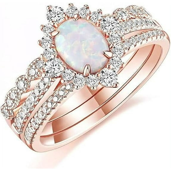 NYS Jewellrs 925 Sterling Silver 2.50 Ct Oval Cut Fire Opal Wedding Engagement Thanksgiving Christmas Bridal Ring Set 14K Rose Gold Plated For Women's -8.5